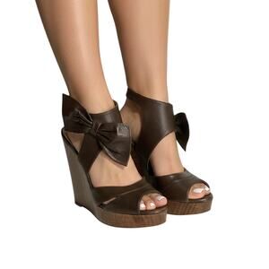 Valentino Garavani Brown Leather Bow Wood Wedge Sandals Size 7